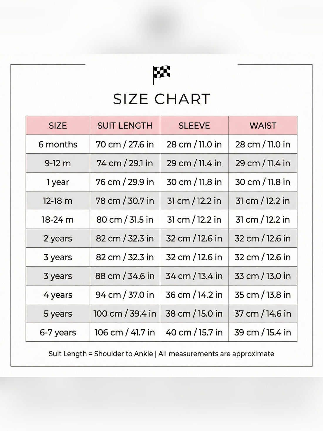 Race Costume Size Chart - 10 sizes from 6 months to 6-7 years