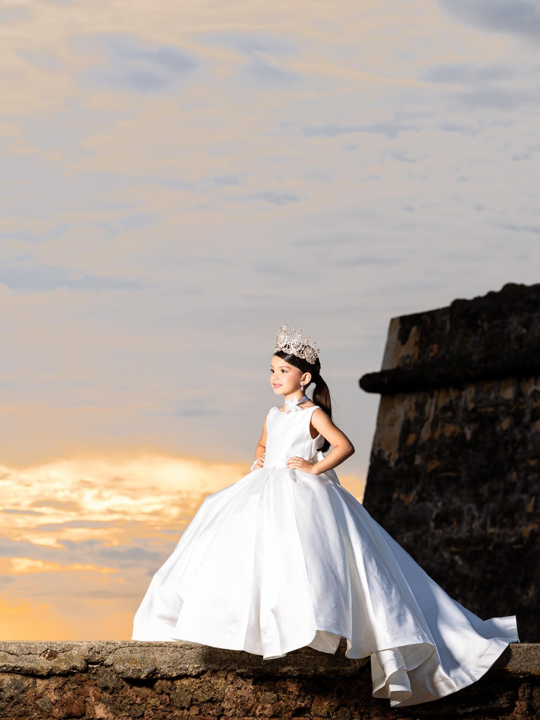 White Satin Flower Girl Dress with Bow Train — First Communion Ball Gown