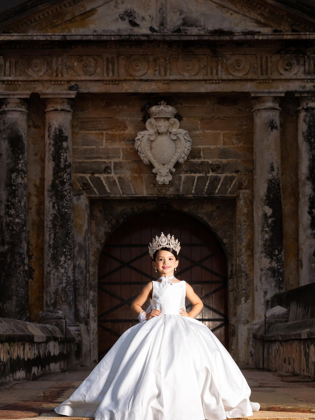 White Satin Flower Girl Dress with Bow Train — First Communion Ball Gown