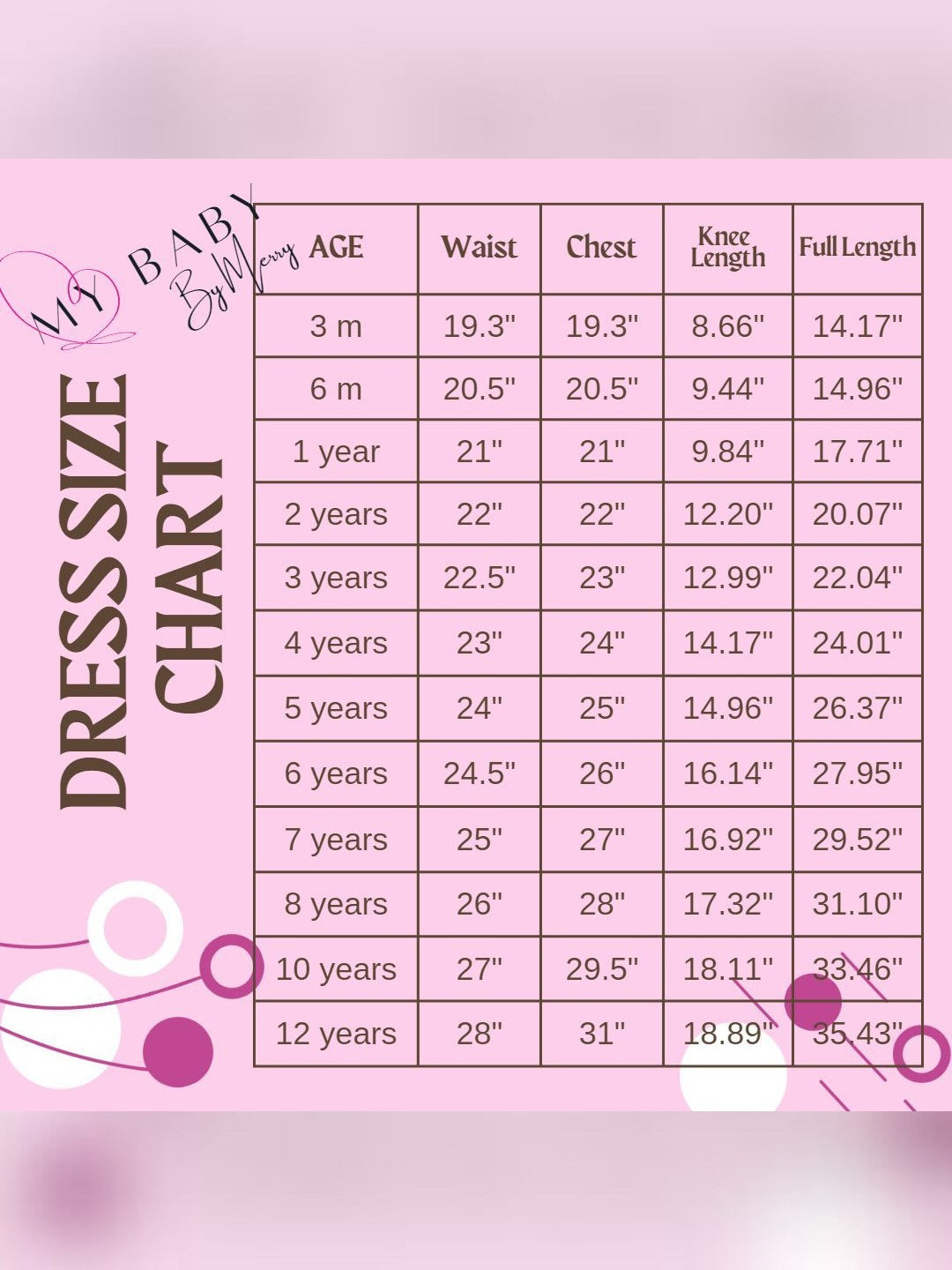 a pink dress size chart for a girl