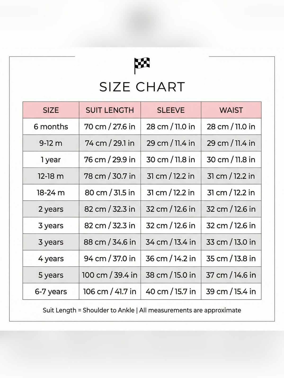 Race Costume Size Chart - 10 sizes from 6 months to 6-7 years