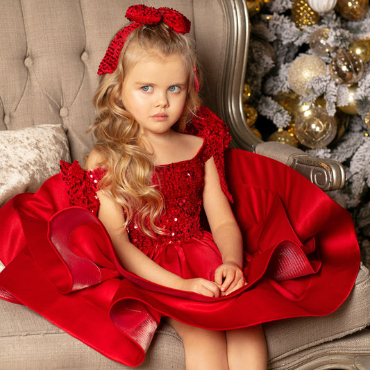 Toddler girl Christmas velvet red satin dress with a sparkly big bow, perfect for the holidays