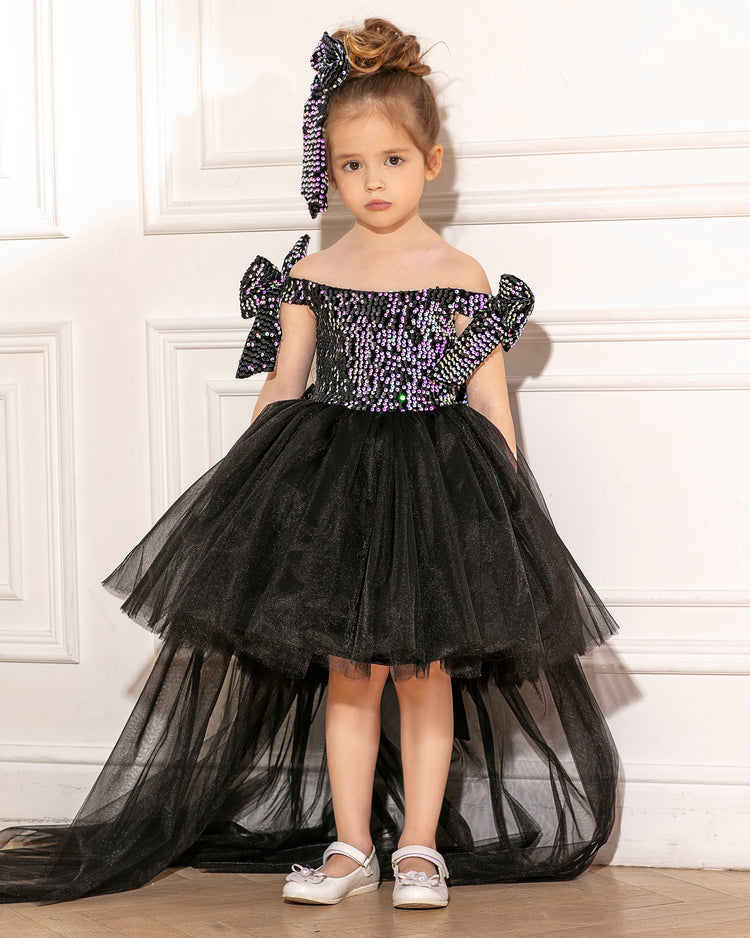 Luna black sequin girl dress high low