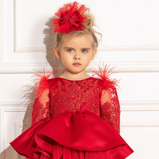 "Mariella red Christmas dress for girls, lace and feather design"
"Red holiday dress with long sleeves for toddler girls"