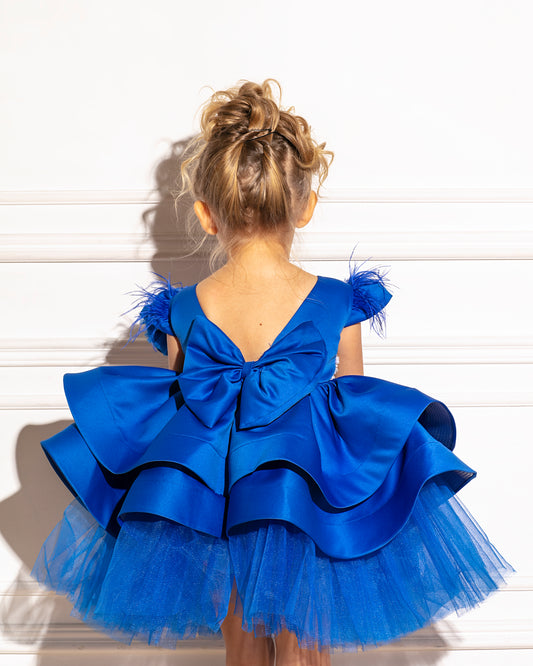 Elegant royal blue girl dress with cotton, tulle, and satin fabric, detailed with pearls, ideal for formal events.