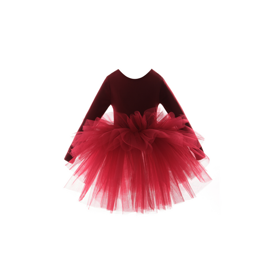 Festive burgundy tutu skirt for girls, designed by MyBabyByMerry, ideal for Christmas holiday parties, family gatherings, and magical photoshoots, with layers of soft tulle adding a rich, elegant touch.