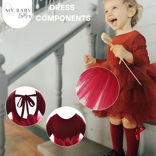 Christmas-inspired red ballerina tutu skirt for girls, perfect for holiday outfits; this burgundy skirt enhances any festive look with its luxurious color and comfortable, layered design