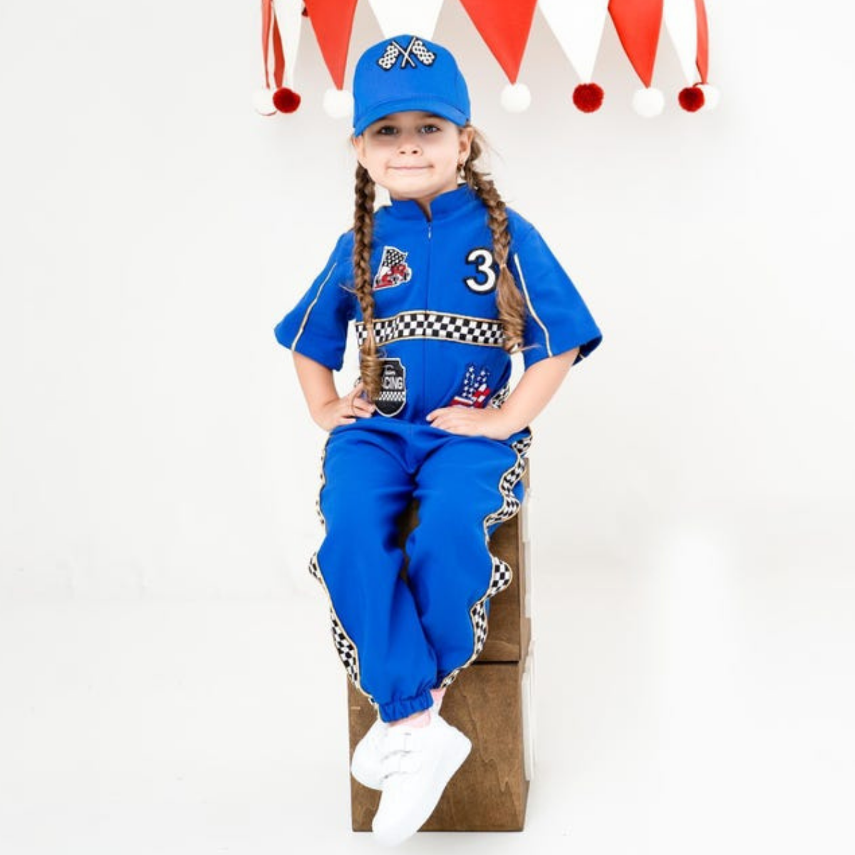 Kids Race Car Costume - Dark Blue Short Sleeve Racing Jumpsuit Baby Girl Dress