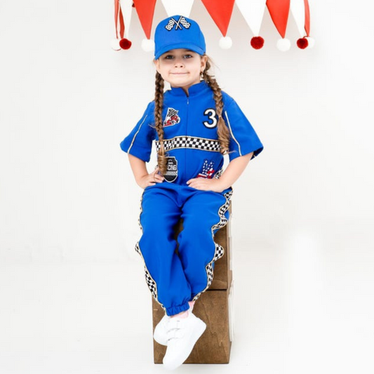 Kids Race Car Costume - Dark Blue Short Sleeve Racing Jumpsuit Baby Girl Dress