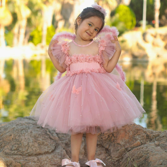 Blush Butterfly baby girl dress made from soft cotton, tulle, and satin. Features a delicate butterfly design, perfect for special occasions and stylish looks.