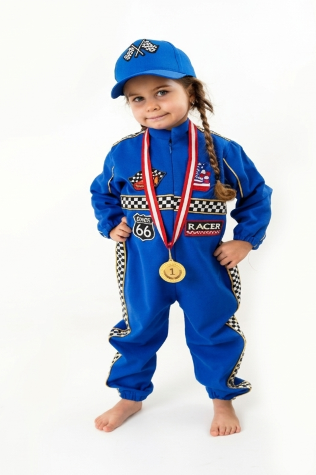 Kids Race Car Costume - Dark Blue Long Sleeve Racing Jumpsuit Baby Girl Dress for Special Occasion