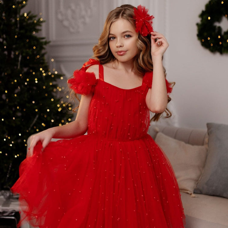 Elegant mini off-shoulder red pearl dress for girls, perfect for Christmas parties and holiday gatherings.