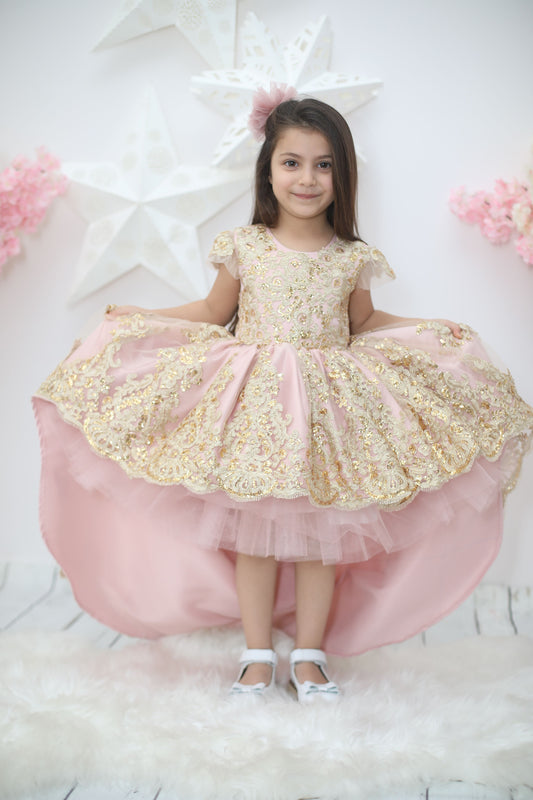 Blush golden lace dress for children, crafted from cotton, tulle, and satin, offering an elegant and luxurious look for children's couture and special occasions.