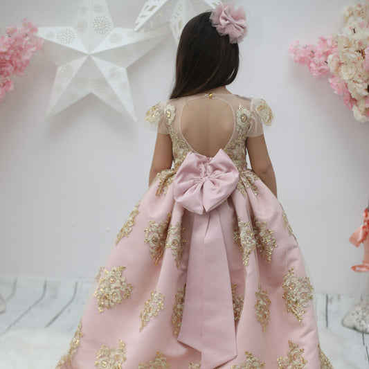 Blush golden lace dress for children, crafted from cotton, tulle, and satin, offering an elegant and luxurious look for children's couture and special occasions.