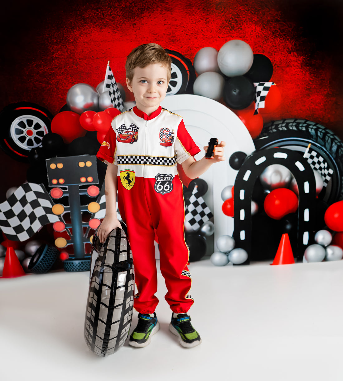 Kids Race Car Costume - Red - White Short Sleeve Racing Jumpsuit Baby Girl Dress for Special Occasion