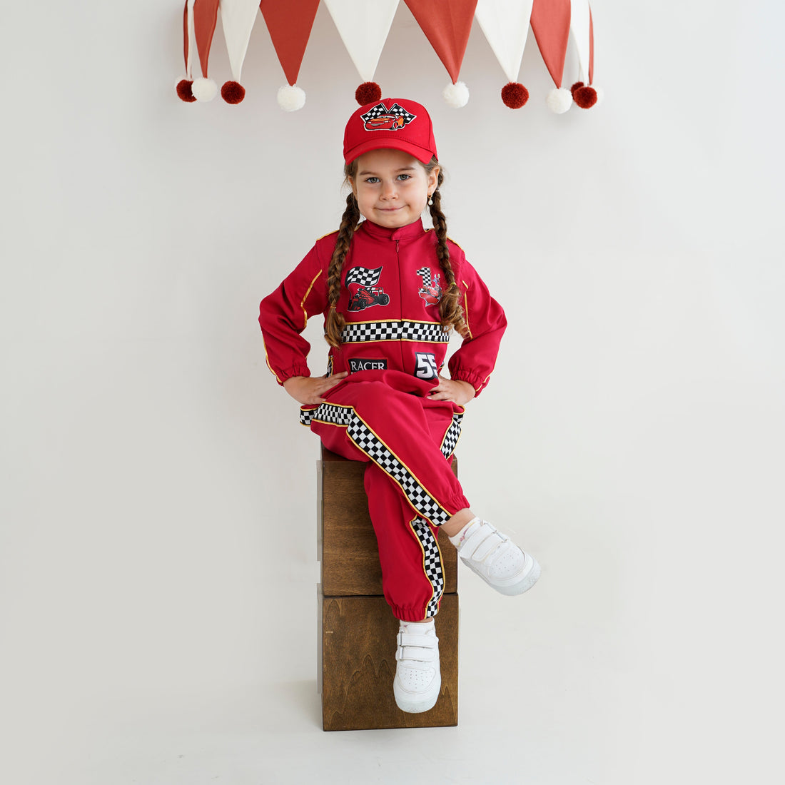 Kids Racing Jumpsuit Costume with Cap and Medal – Go Kart Driver Outfit for Boys and Girls – Birthday Photoshoot Outfit – Halloween Racer Costume Baby Girl Dress for Special Occasion