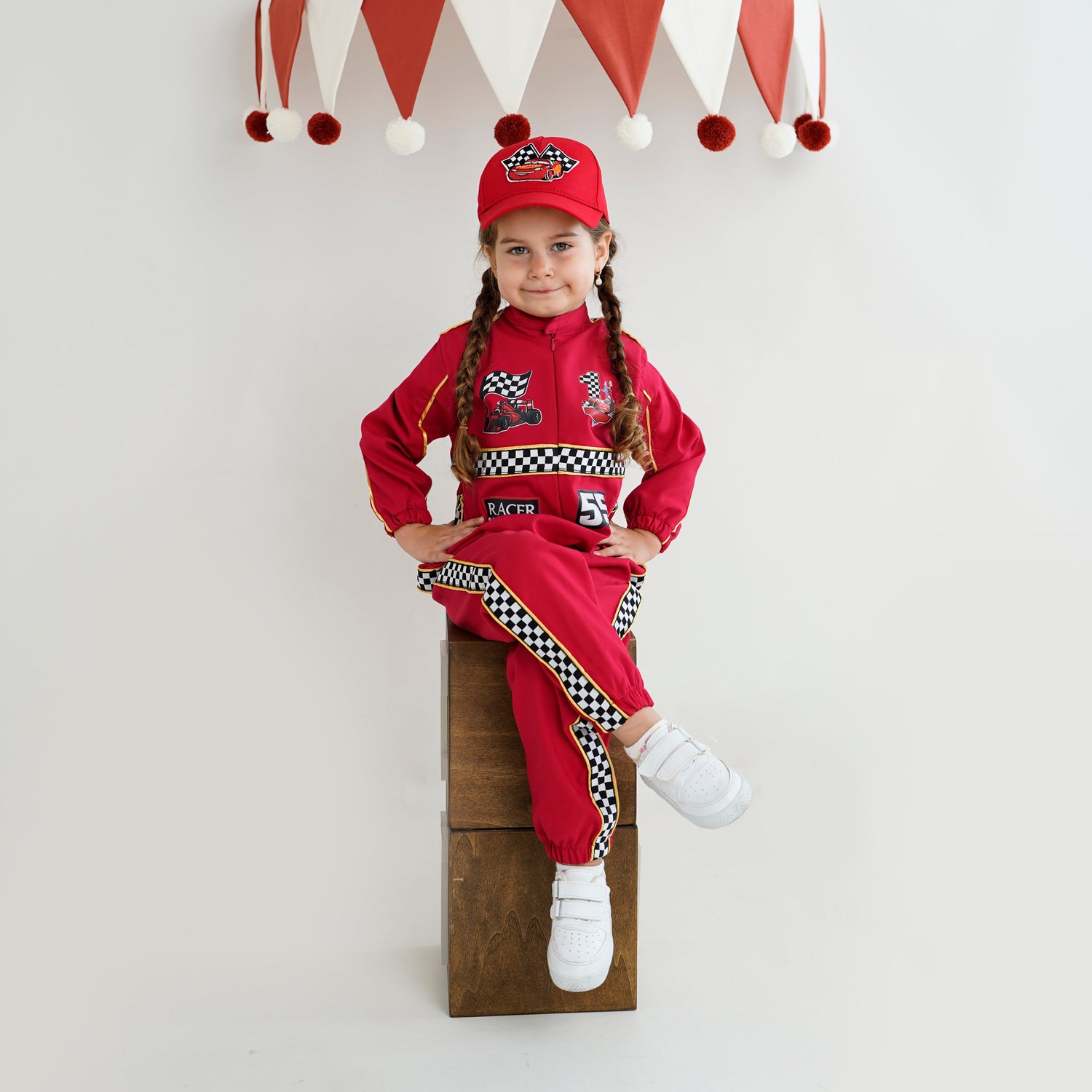 Kids Racing Jumpsuit Costume with Cap and Medal – Go Kart Driver Outfit for Boys and Girls – Birthday Photoshoot Outfit – Halloween Racer Costume Baby Girl Dress