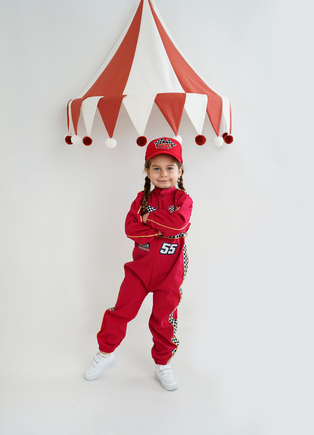 Kids Racing Jumpsuit Costume with Cap and Medal – Go Kart Driver Outfit for Boys and Girls – Birthday Photoshoot Outfit – Halloween Racer Costume Baby Girl Dress for Special Occasion