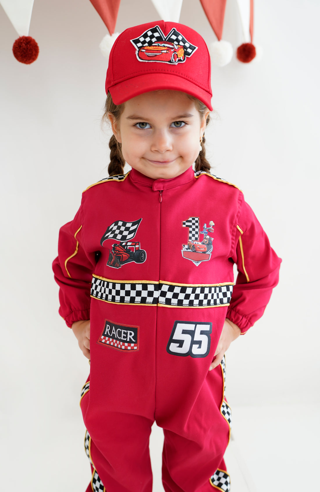 Kids Racing Jumpsuit Costume with Cap and Medal – Go Kart Driver Outfit for Boys and Girls – Birthday Photoshoot Outfit – Halloween Racer Costume Baby Girl Dress for Special Occasion