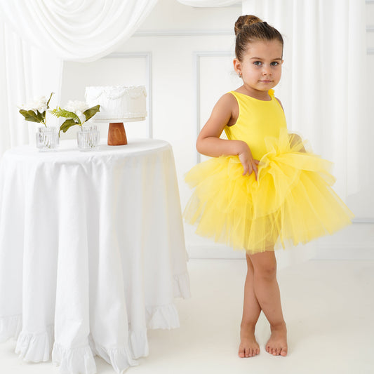 Yelow Floral Leotard Ballerina Sleeveless Tutu Baby Girl Dress