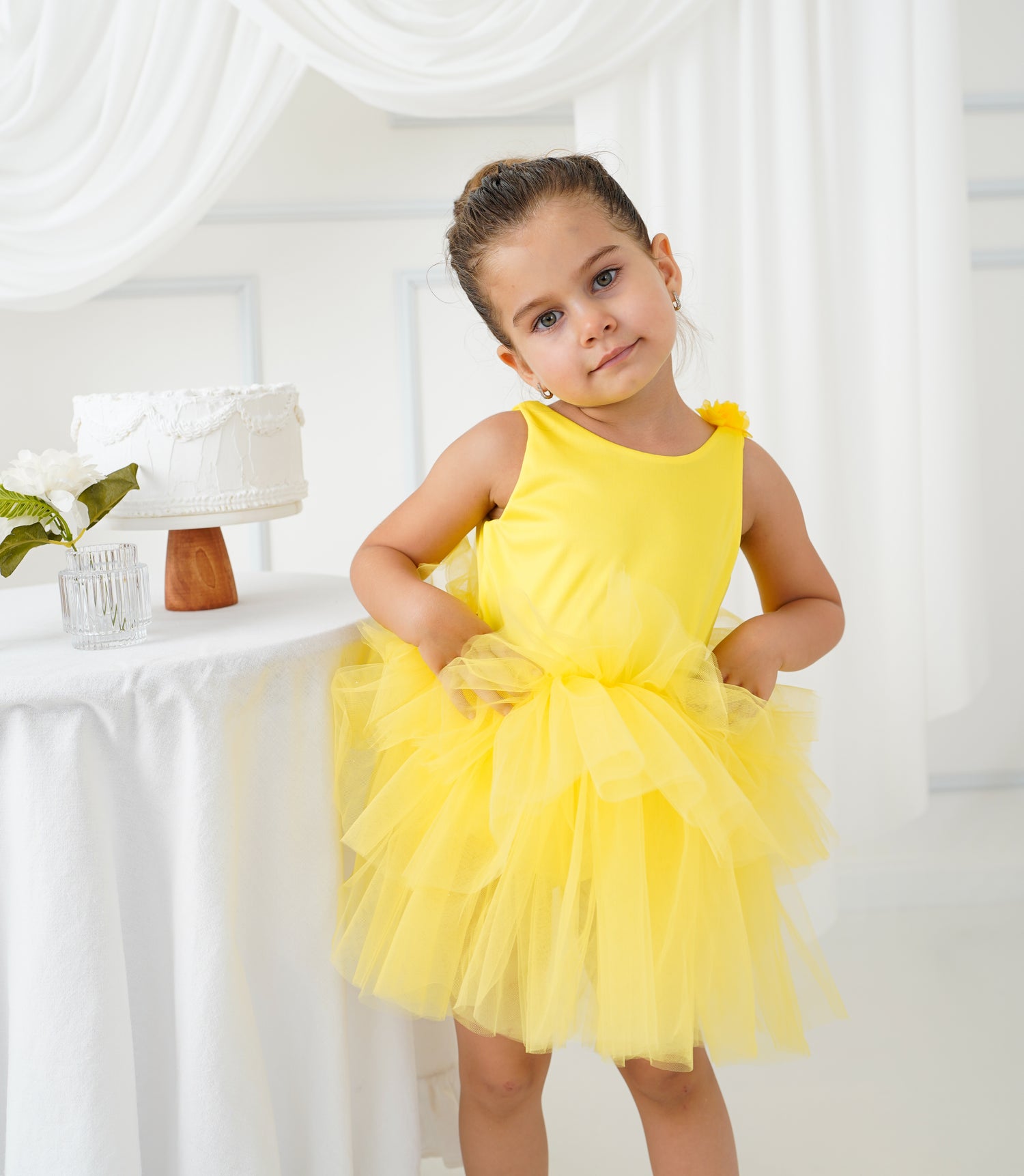 Yelow Floral Leotard Ballerina Sleeveless Tutu Baby Girl Dress