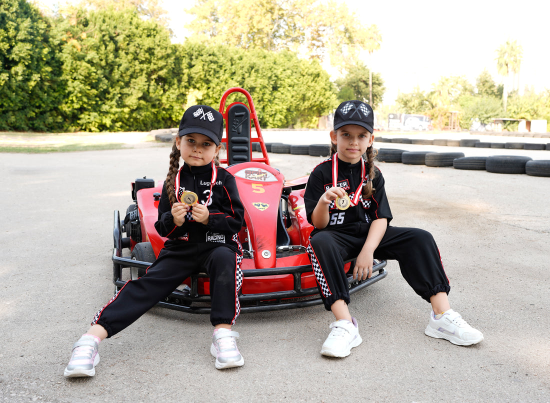 Kids Racing Jumpsuit Costume with Cap and Medal – Go Kart Driver Outfit for Boys and Girls – Birthday Photoshoot Outfit – Halloween Racer Costume Baby Girl Dress for Special Occasion