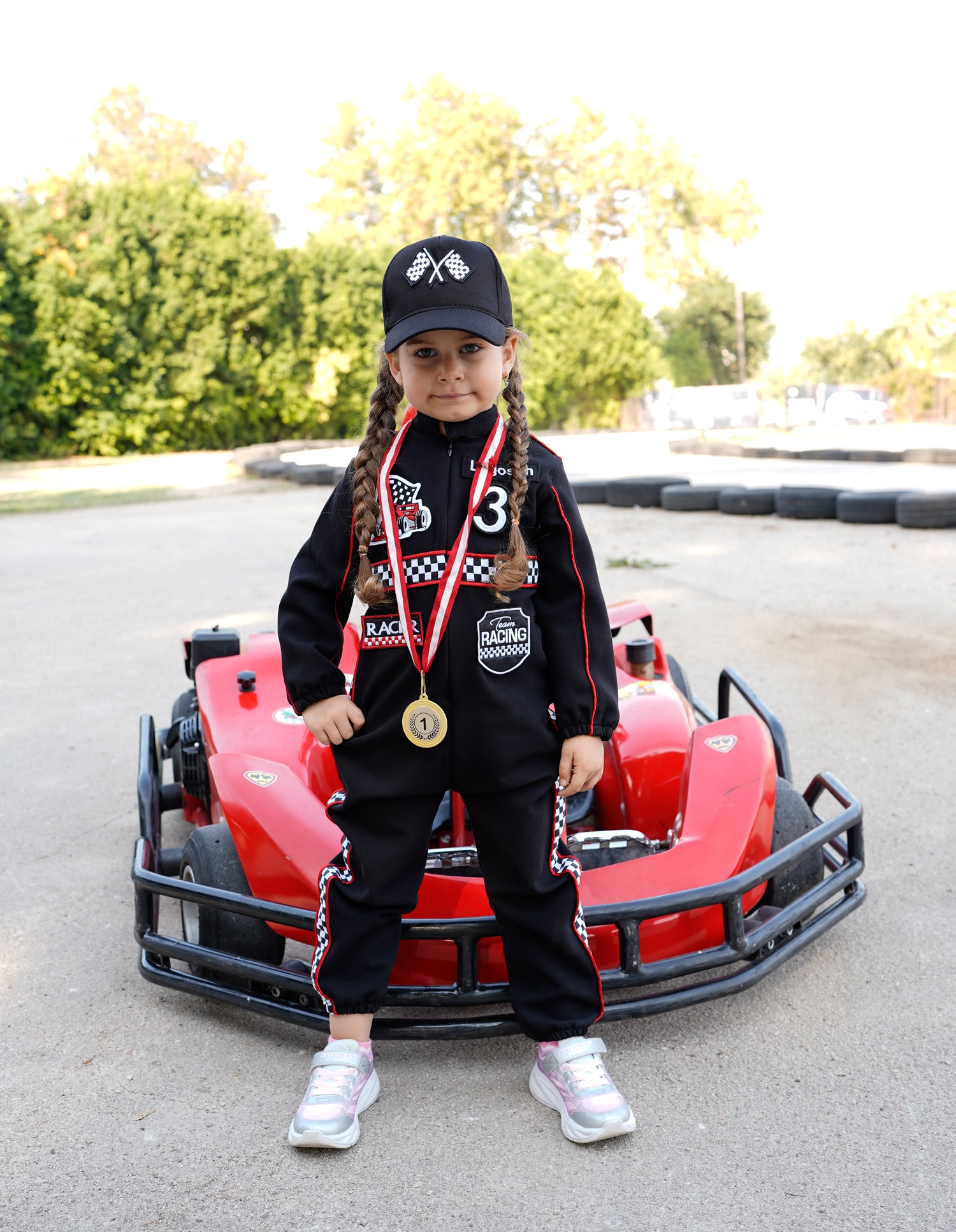 Kids Racing Jumpsuit Costume with Cap and Medal – Go Kart Driver Outfit for Boys and Girls – Birthday Photoshoot Outfit – Halloween Racer Costume Baby Girl Dress