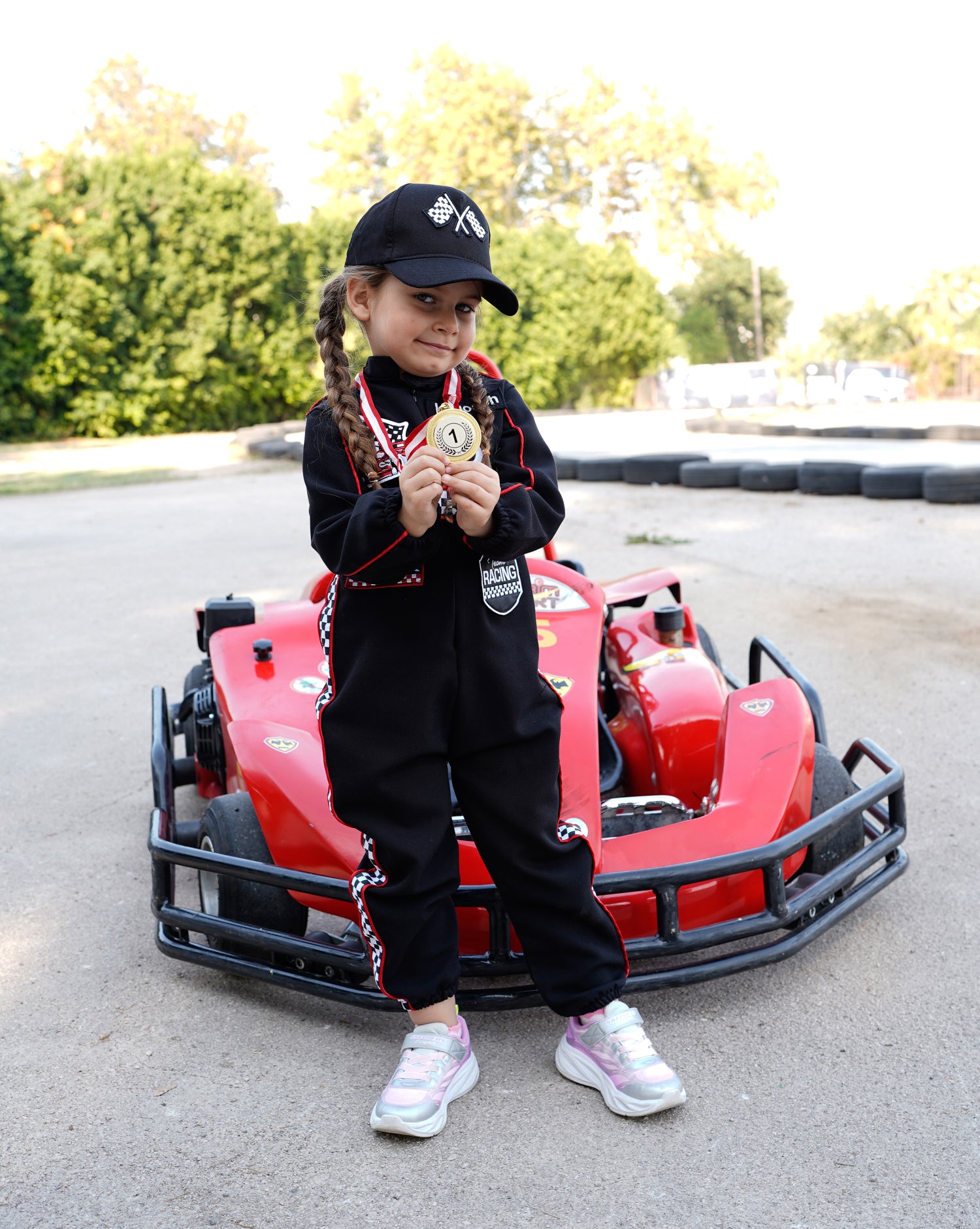 Kids Racing Jumpsuit Costume with Cap and Medal – Go Kart Driver Outfit for Boys and Girls – Birthday Photoshoot Outfit – Halloween Racer Costume Baby Girl Dress