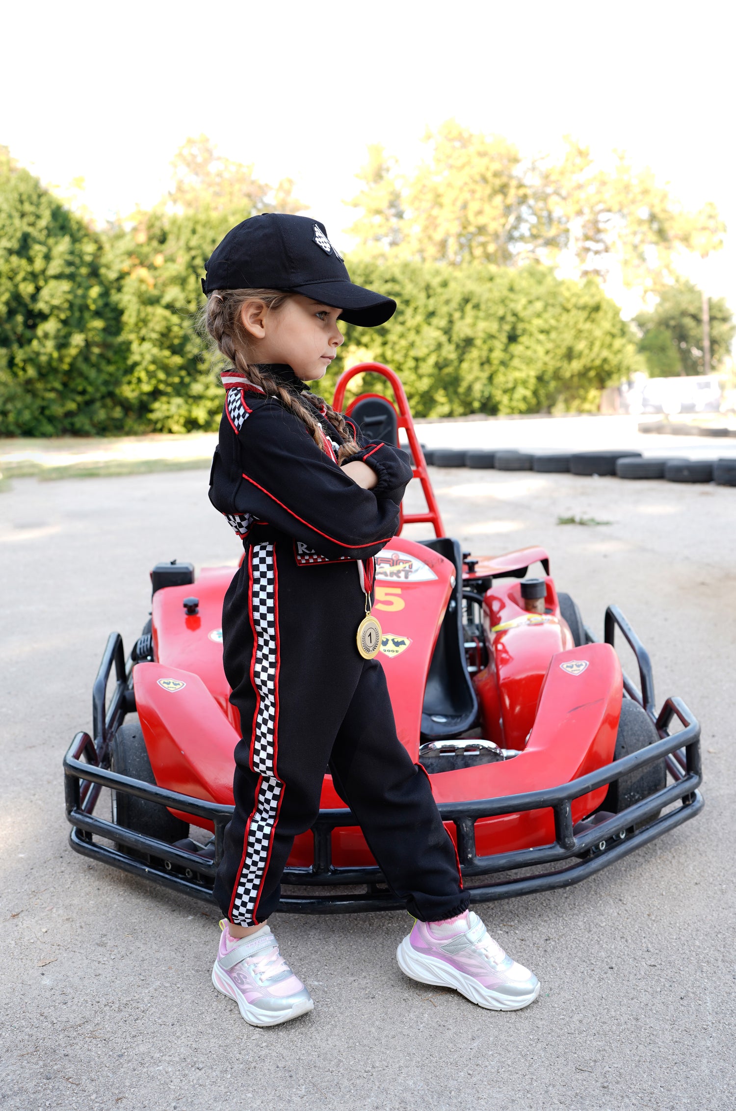 Kids Racing Jumpsuit Costume with Cap and Medal – Go Kart Driver Outfit for Boys and Girls – Birthday Photoshoot Outfit – Halloween Racer Costume Baby Girl Dress