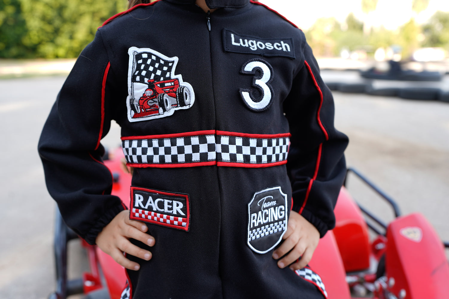 Kids Racing Jumpsuit Costume with Cap and Medal – Go Kart Driver Outfit for Boys and Girls – Birthday Photoshoot Outfit – Halloween Racer Costume Baby Girl Dress