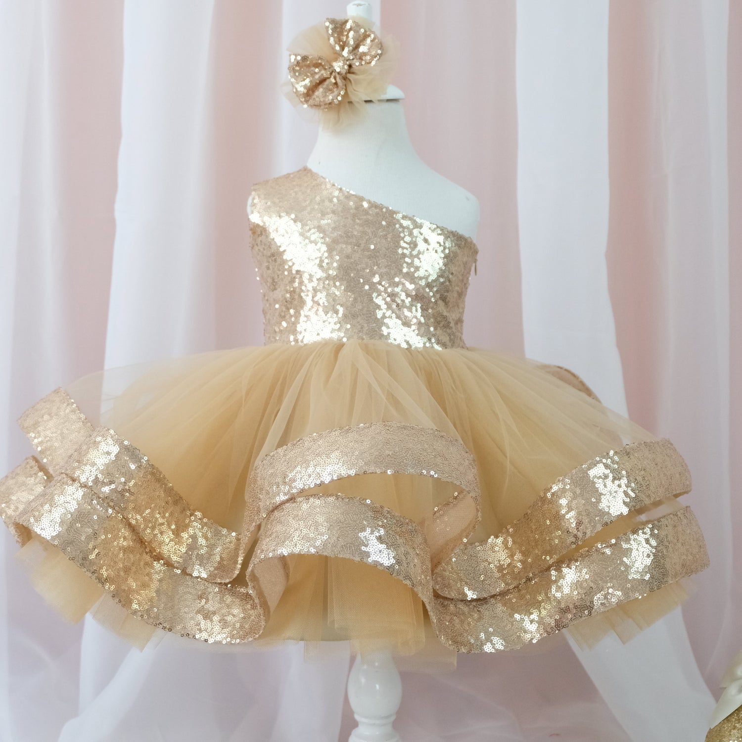 Gold Sequin One Shoulder Dress | MyBabyByMerry 8 Years Gold Sequin One Shoulder Dress | MyBabyByMerry 8 Years