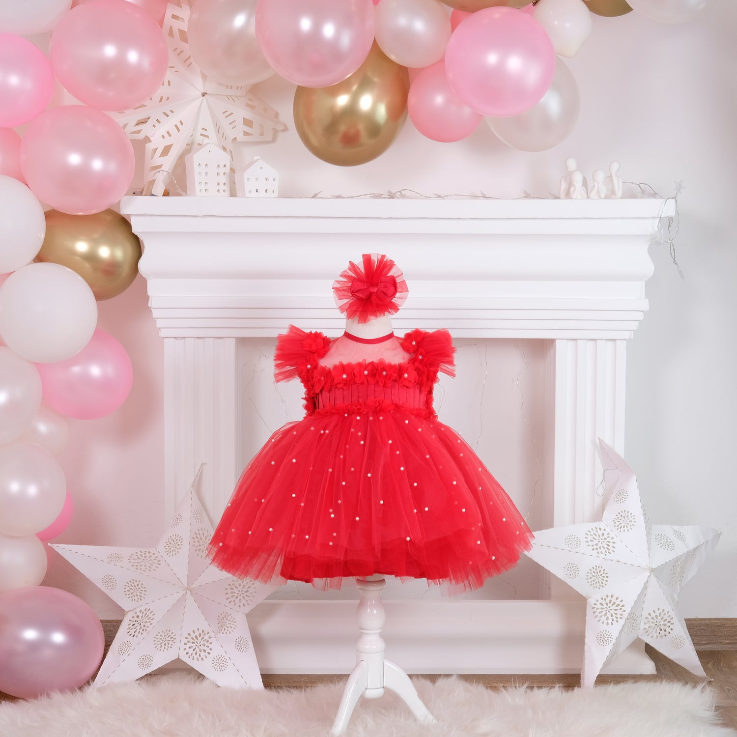 Charming red Butterfly dress for girls, made with cotton, tulle, and satin, ideal for formal events and celebrations.