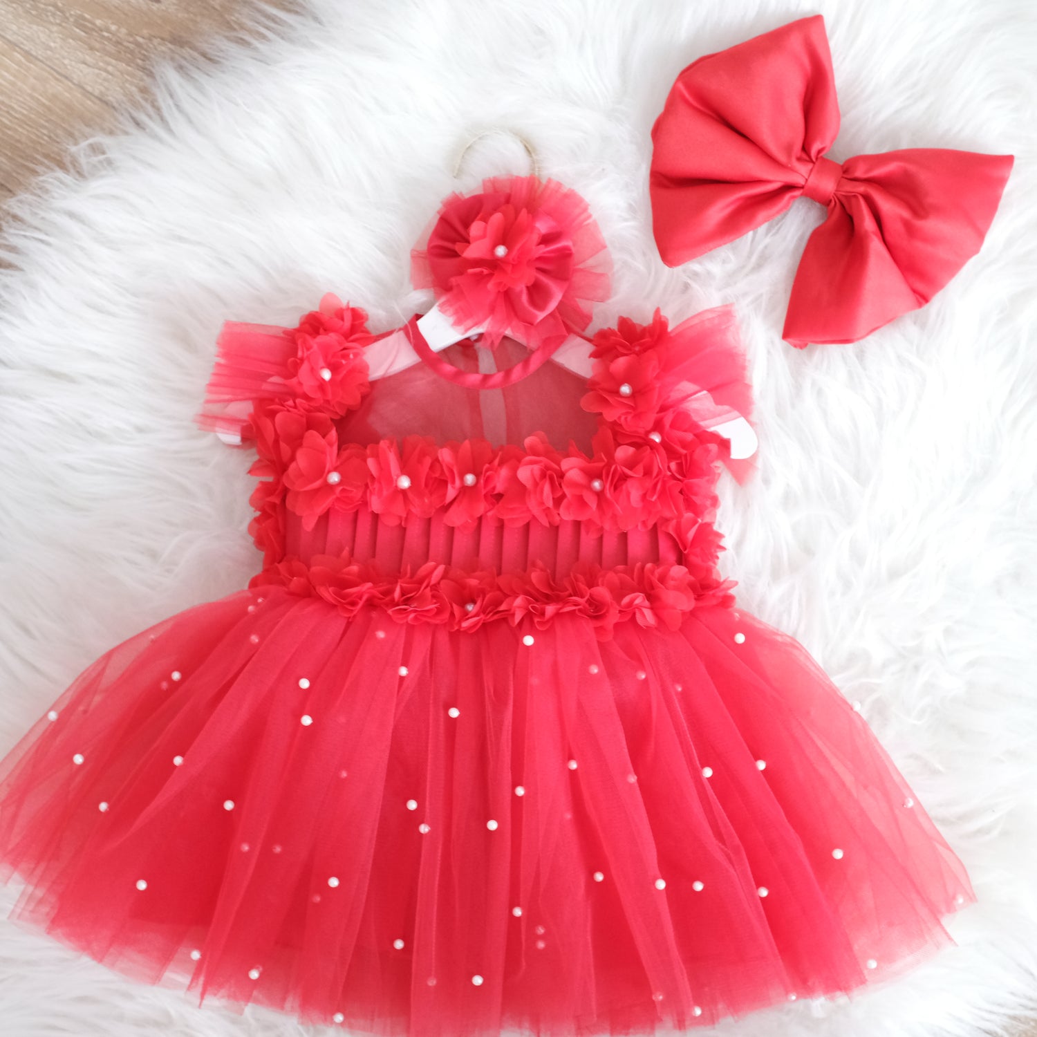 Charming red Butterfly dress for girls, made with cotton, tulle, and satin, ideal for formal events and celebrations.