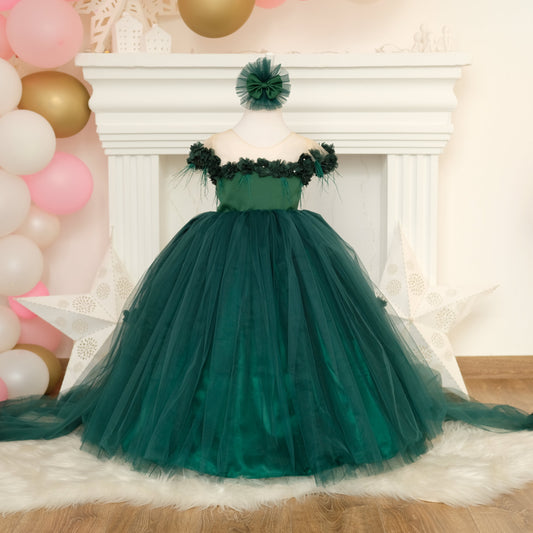 Emerald Green Costume, Luxury Satin Dress, Flower Birthday Outfit, Baby Party Cloth, Green Girl Dress, tulle 3d flower Baby Girl Costume