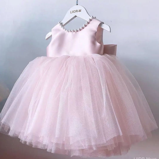 Flower girl dress with high-quality material, open back design with bow and pearl details