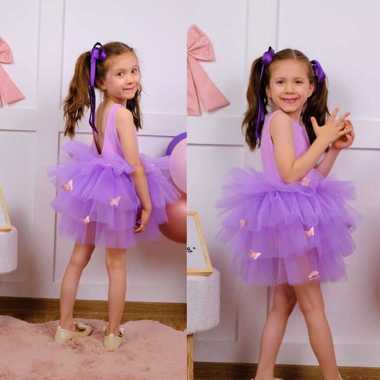 two pictures of a little girl in a purple dress