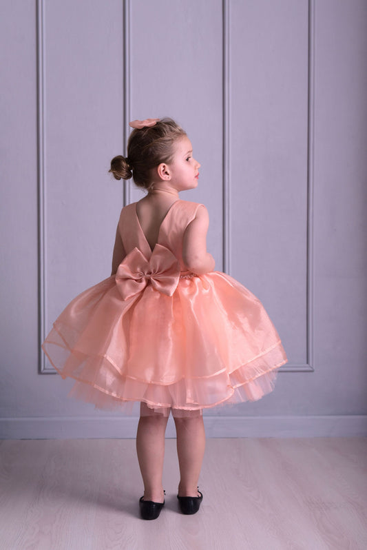 a little girl in a pink dress standing on a wooden floor