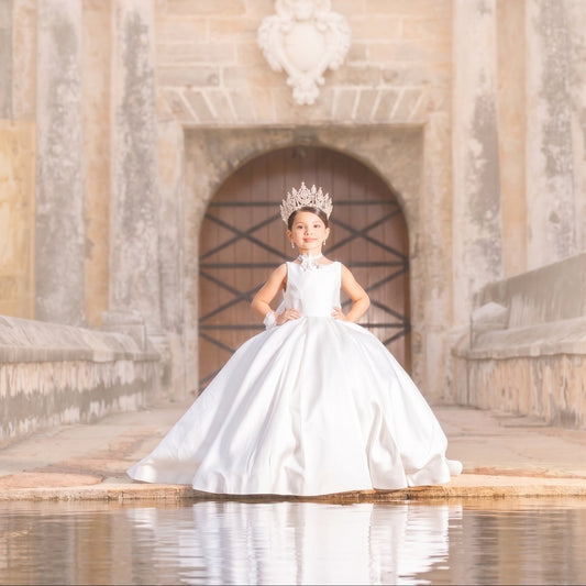 Ivory flower girl satin dress with tail