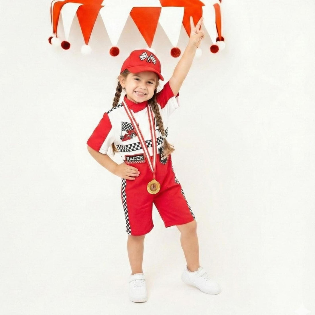 Kids Race Car Costume - Red White Short Racing Jumpsuit Baby Girl Dress for Special Occasion
