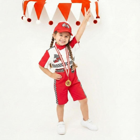 Kids Race Car Costume - Red White Short Racing Jumpsuit Baby Girl Dress