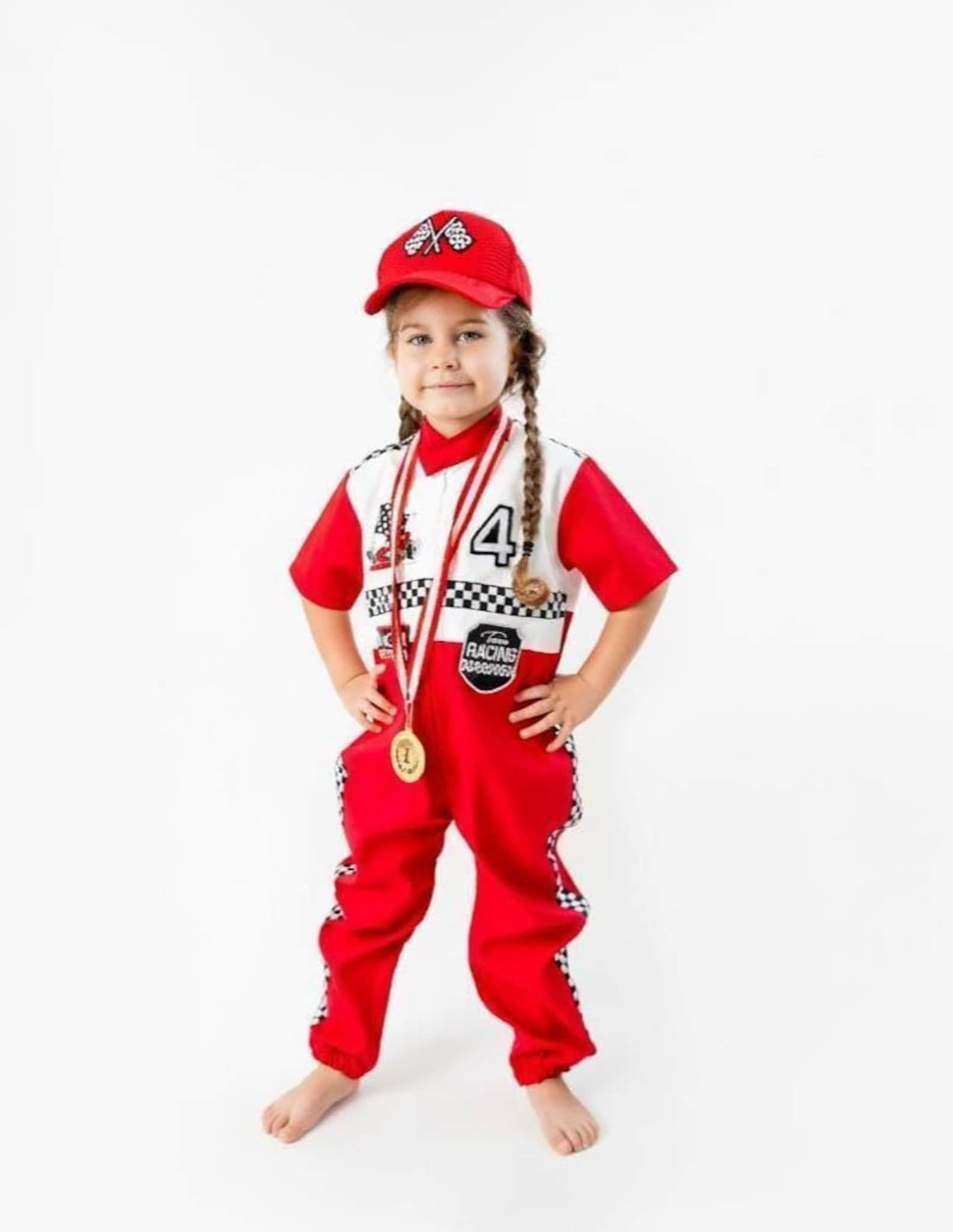 Kids Race Car Costume - Red - White Short Sleeve Racing Jumpsuit Baby Girl Dress for Special Occasion