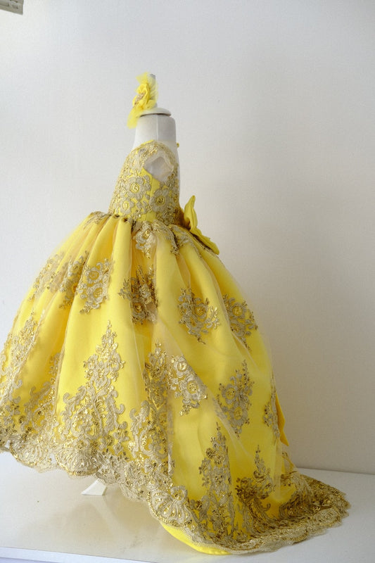 Princess gown, yellow and golden lace dress, full length gown, formal girl dress, baby yellow dress, first birthday dress, photography baby