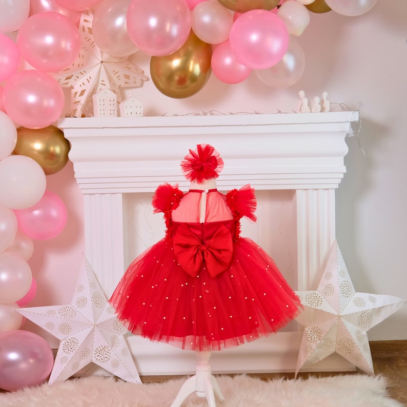 Red Butterfly girl dress crafted from cotton, tulle, and satin, perfect for special occasions and elegant events.