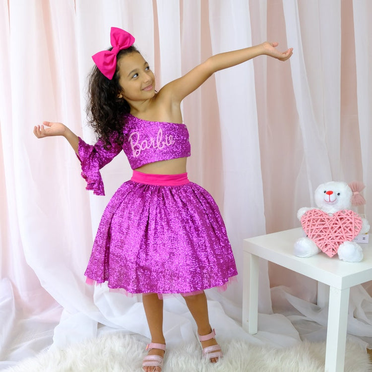 Barbie Inspired One Sleeve Dress Fuchsia