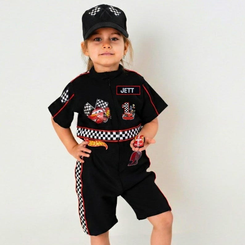Kids Race Car Costume - Black Short Racing Jumpsuit Baby Girl Dress