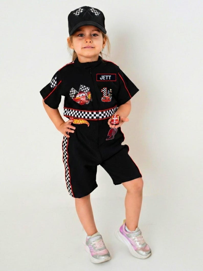 Kids Race Car Costume - Black Short Racing Jumpsuit Baby Girl Dress