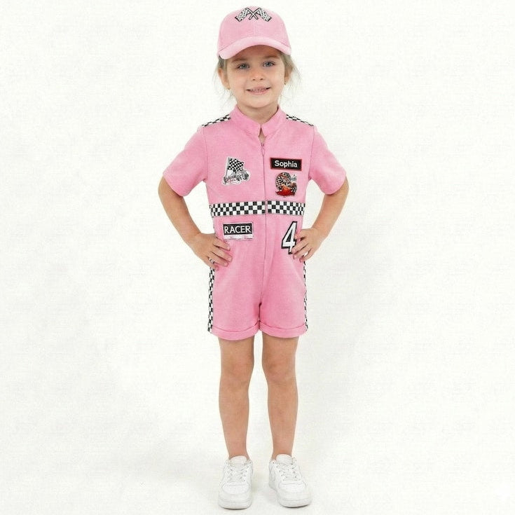 Kids Race Car Costume - Pink Short Racing Jumpsuit Baby Girl Dress