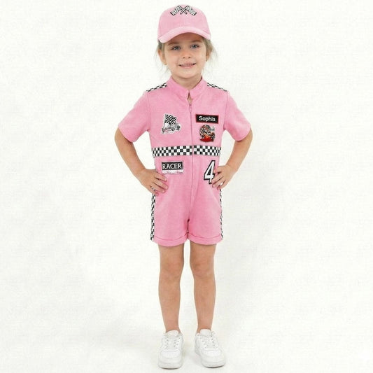 Kids Race Car Costume - Pink Short Racing Jumpsuit Baby Girl Dress