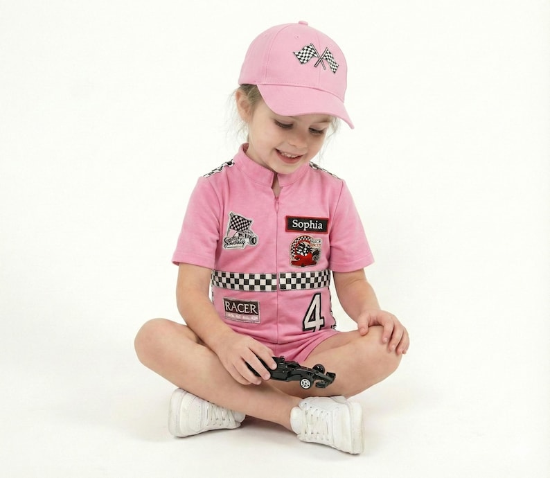 Kids Race Car Costume - Pink Short Racing Jumpsuit Baby Girl Dress for Special Occasion