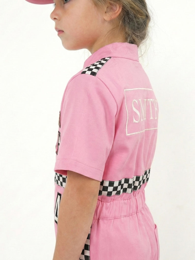 Kids Race Car Costume - Pink Short Racing Jumpsuit Baby Girl Dress for Special Occasion